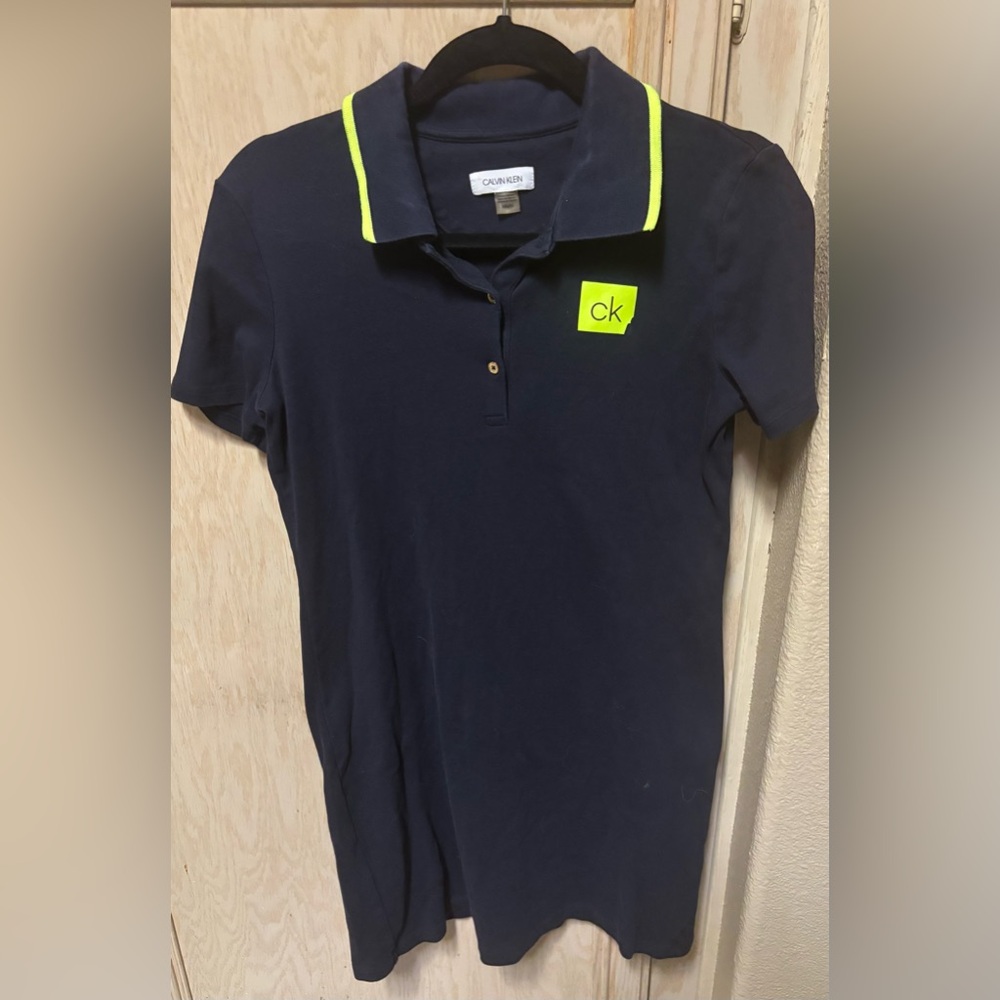 Calvin Klein Women’s Blue Polo Dress with Neon‎ Green Sz M